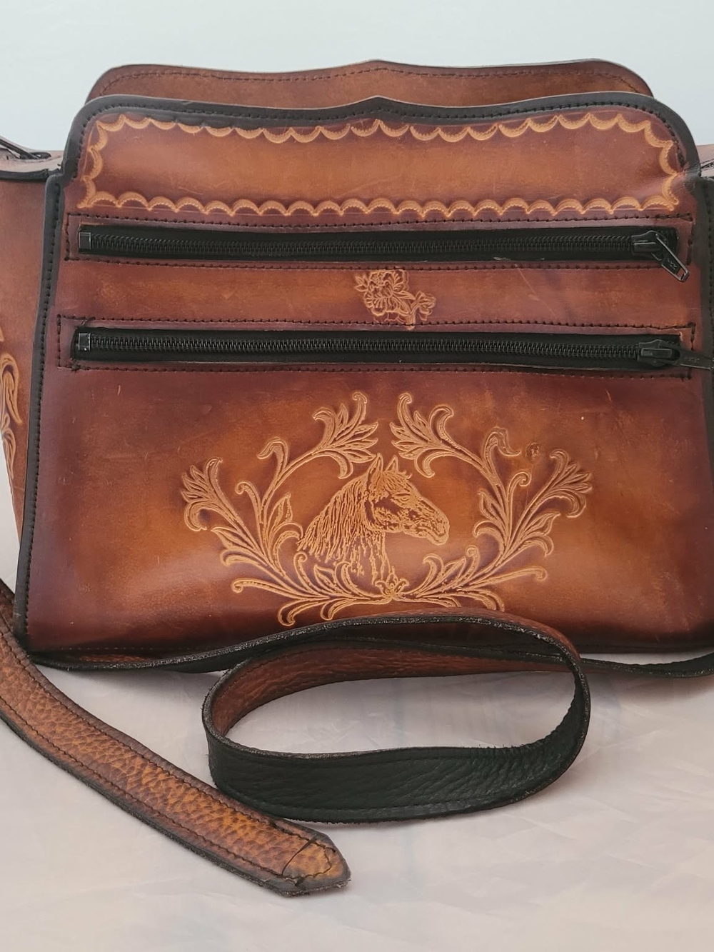 Leather Crossbody Bag with Horse Motif - Brown